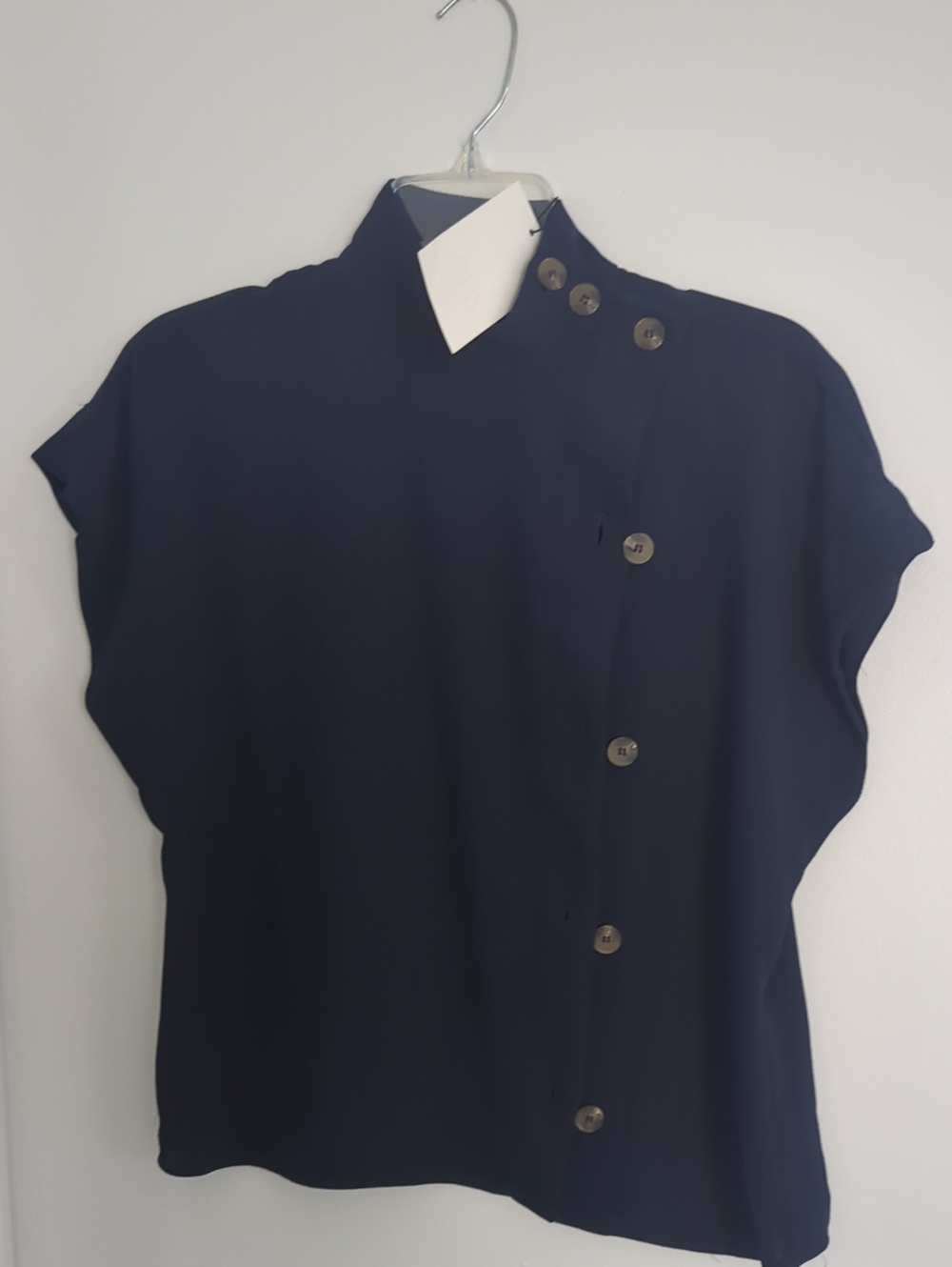 Zara Navy Button-Front Cap-Sleeve Women's Top